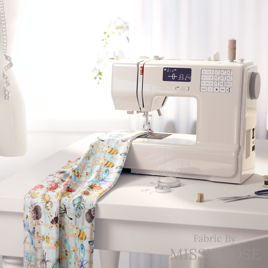 Design 362 Cute Plaid Insects Fabric on a sewing machine – premium fabric for sewing projects | Fabric by Missy Rose