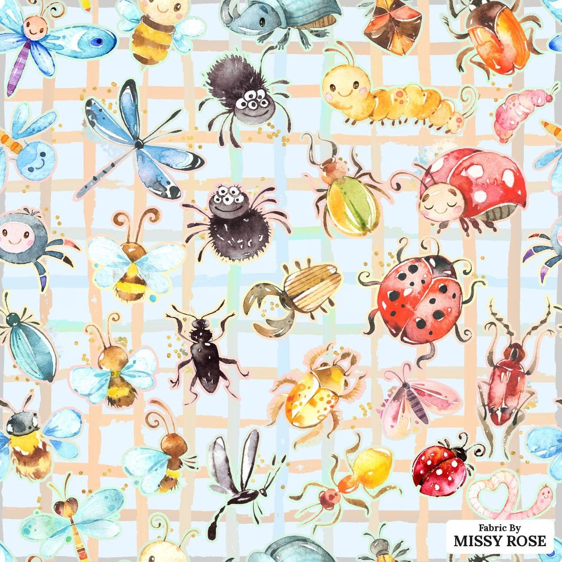 Design 362 Cute Plaid Insects Fabric - flat view of the print, zoom in for detail | Fabric by Missy Rose