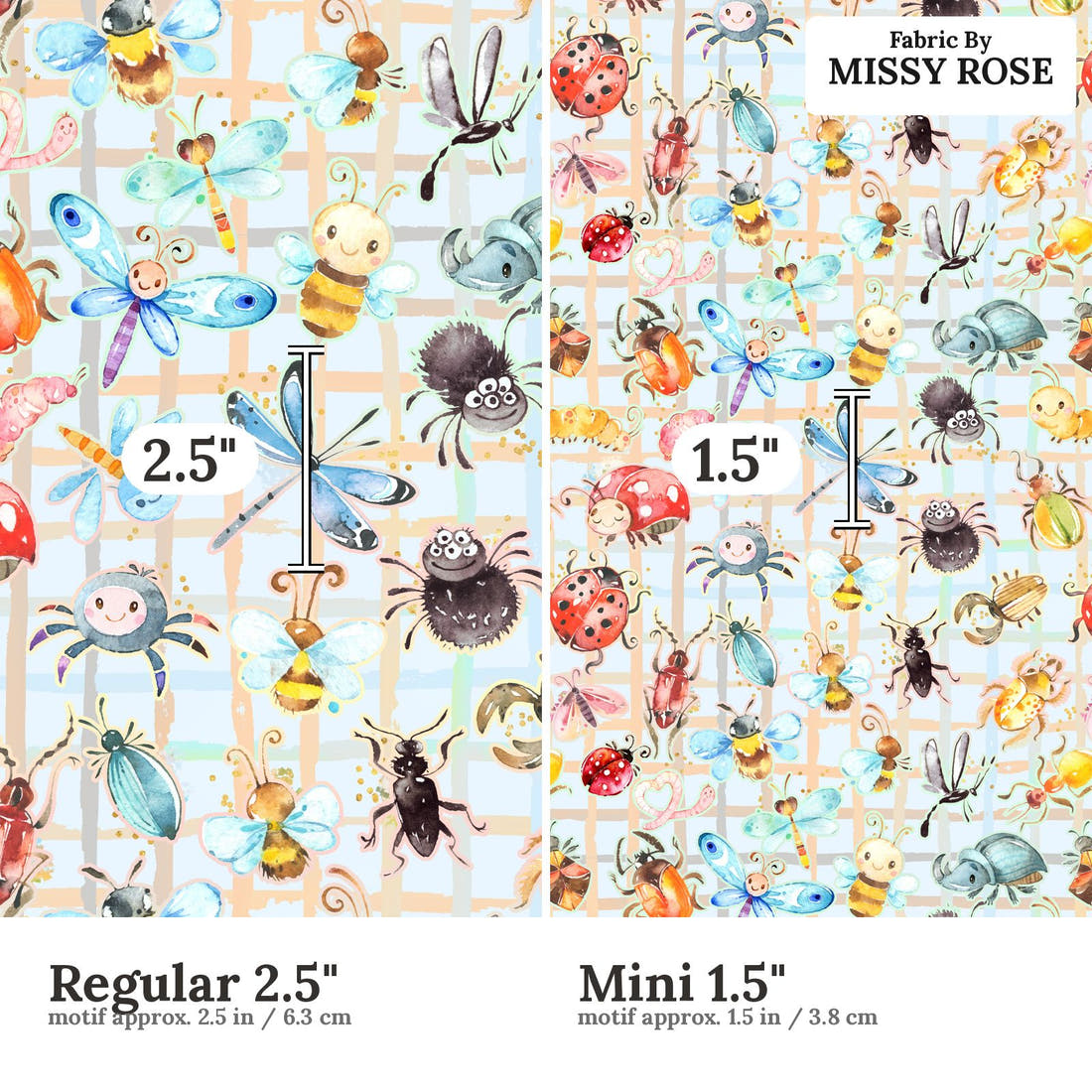 Design 362 Cute Plaid Insects Fabric size comparison - print scale | Fabric by Missy Rose