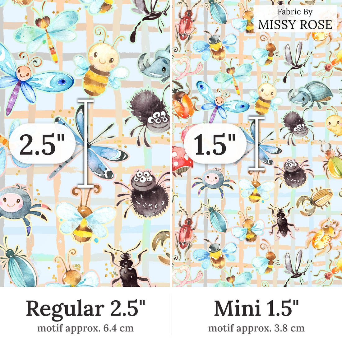 Design 362 Cute Plaid Insects Fabric Regular 2.5 inch vs Mini 1.5 inch print scale side by side | Fabric by Missy Rose
