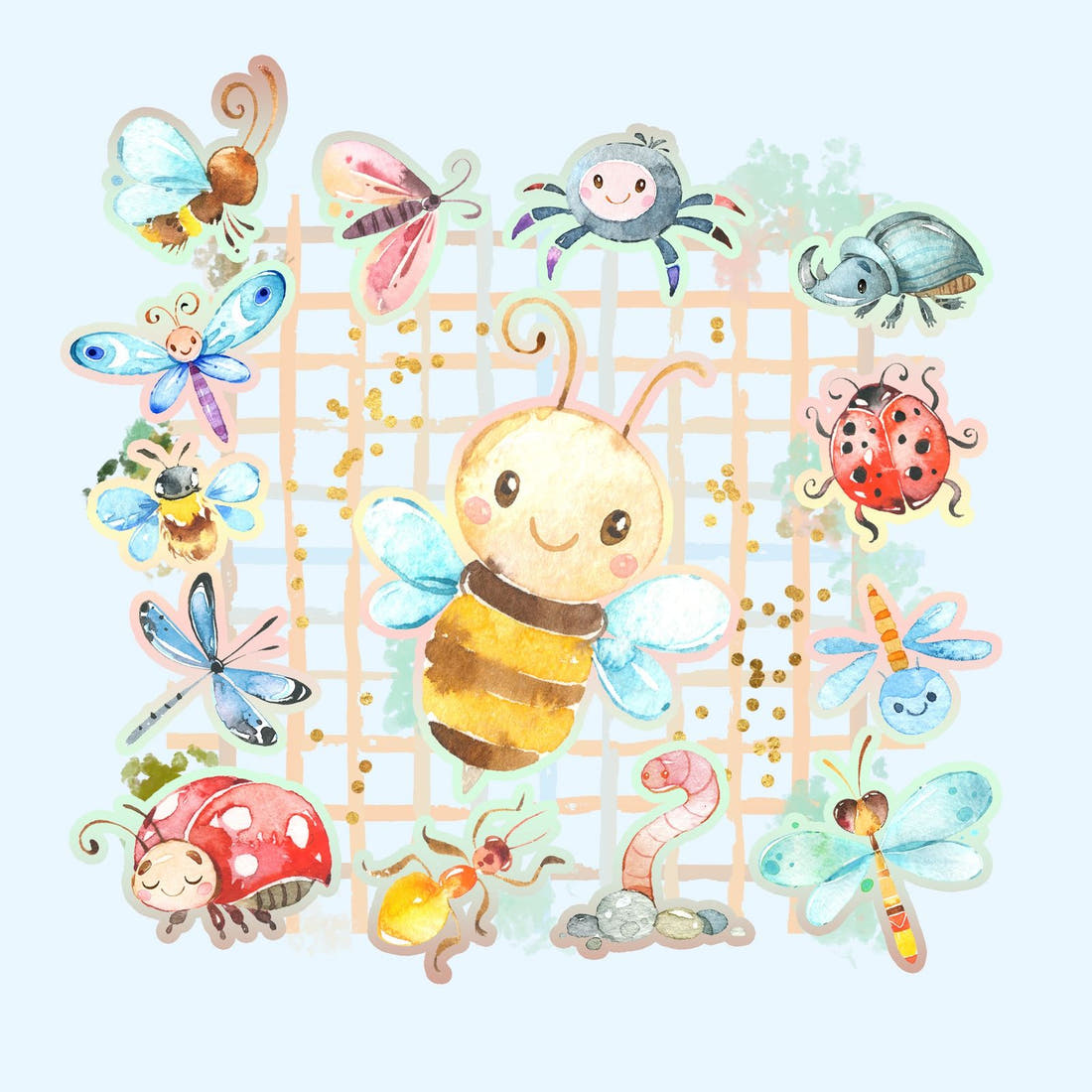 Design 362 Cute Plaid Insects Panel – full artwork close-up of the printed picture | Fabric by Missy Rose