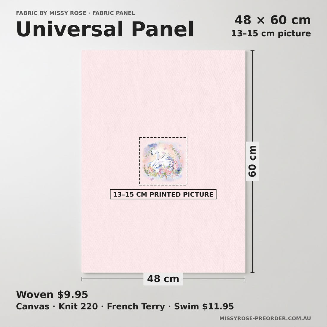 Design 363 Swans Panel universal panel sizing – 13–15 cm printed picture on 48 × 60 cm fabric | Fabric by Missy Rose