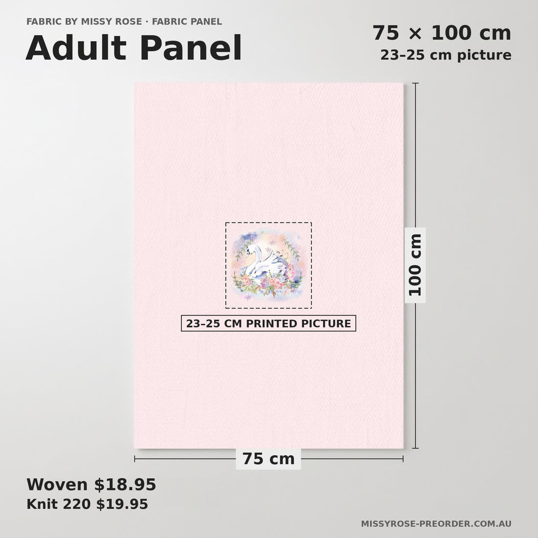 Design 363 Swans Panel adult panel sizing – 23–25 cm printed picture on 75 × 100 cm fabric | Fabric by Missy Rose