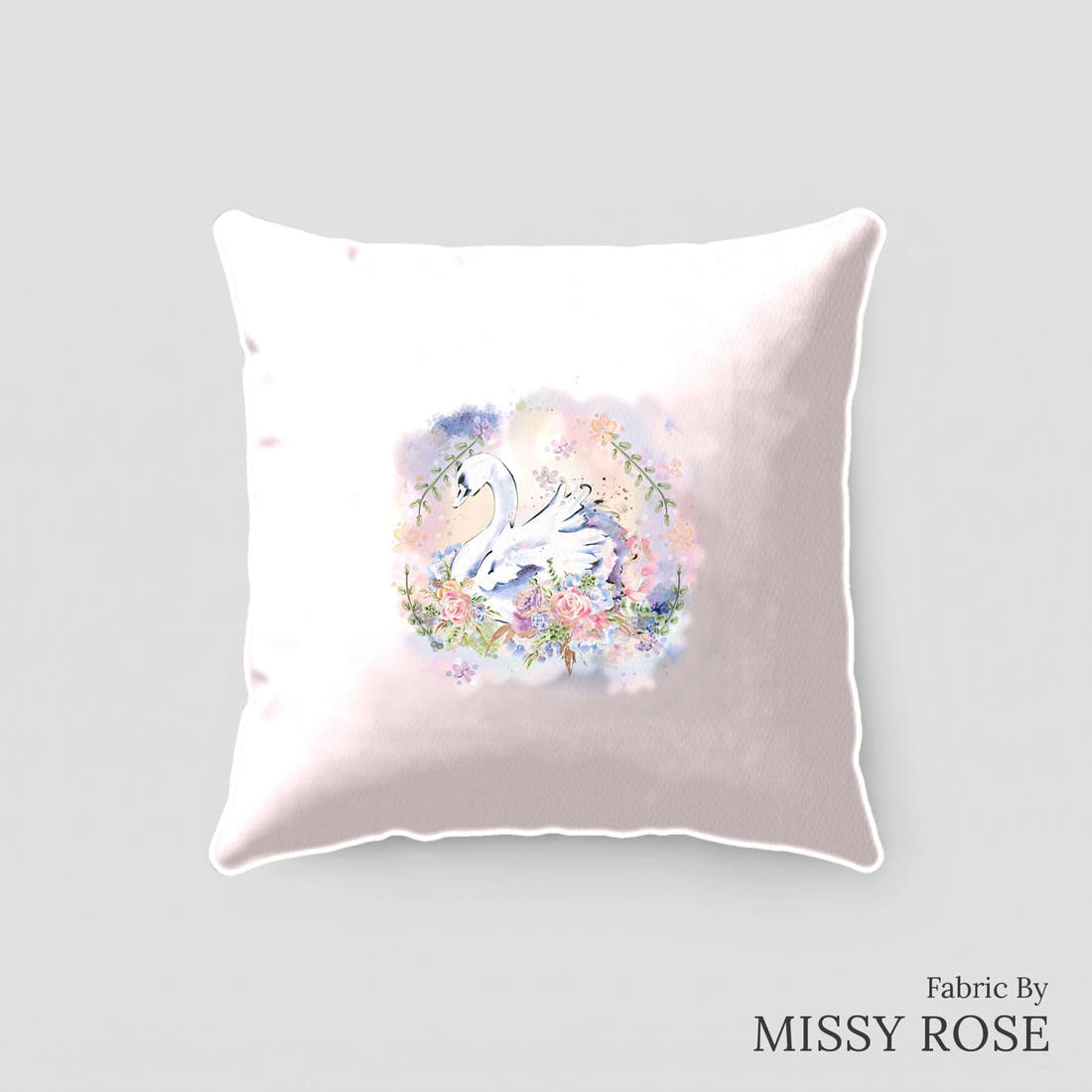 Design 363 Swans Panel sewn into a cushion – see how the panel looks made up | Fabric by Missy Rose