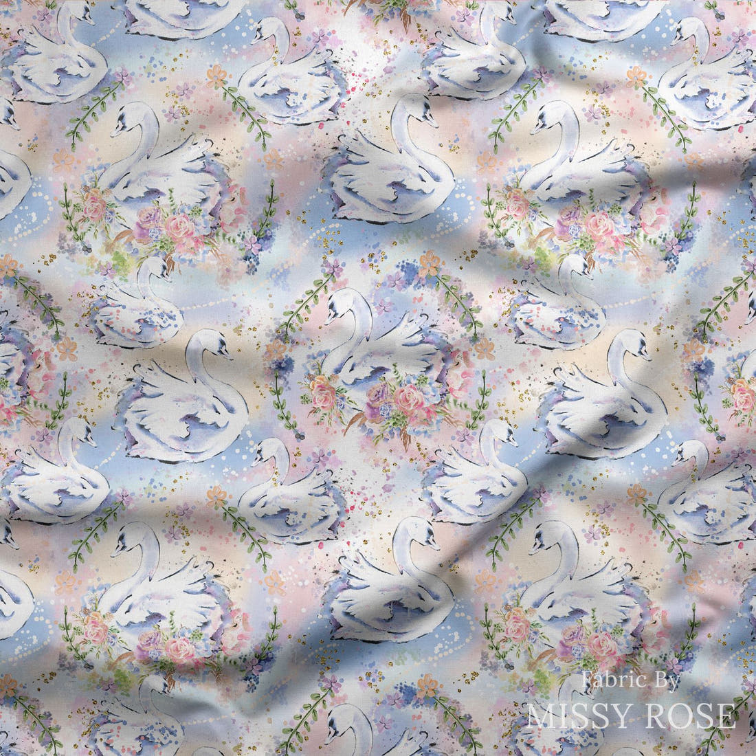 Design 363 Swans Fabric draped fabric mockup – custom printed fabric by the metre | Fabric by Missy Rose