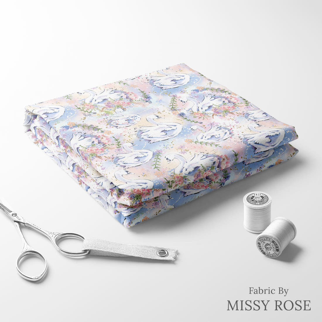 Design 363 Swans Fabric folded fabric stack with matching thread – pre-order fabric Australia | Fabric by Missy Rose