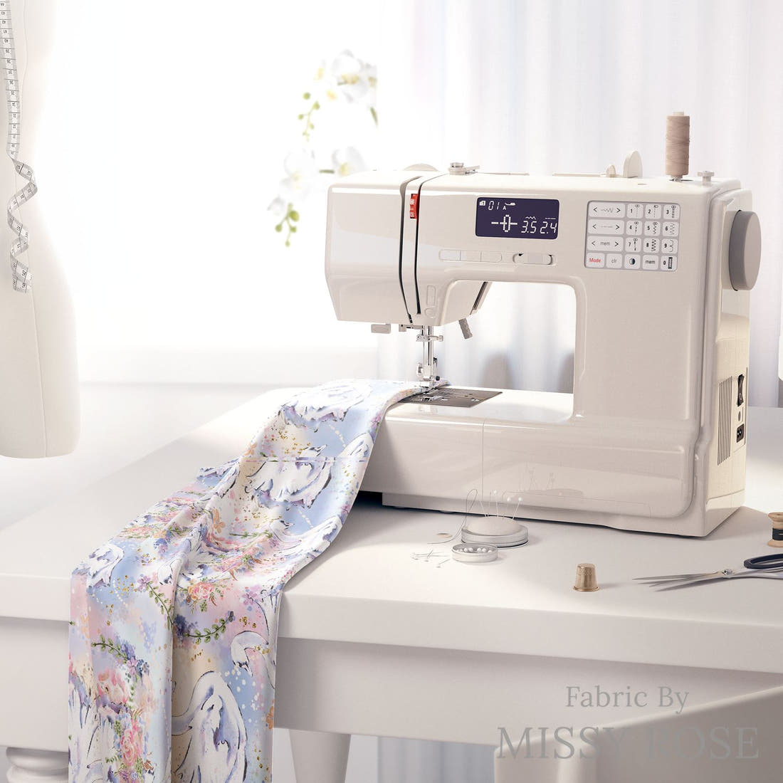 Design 363 Swans Fabric on a sewing machine – premium fabric for sewing projects | Fabric by Missy Rose