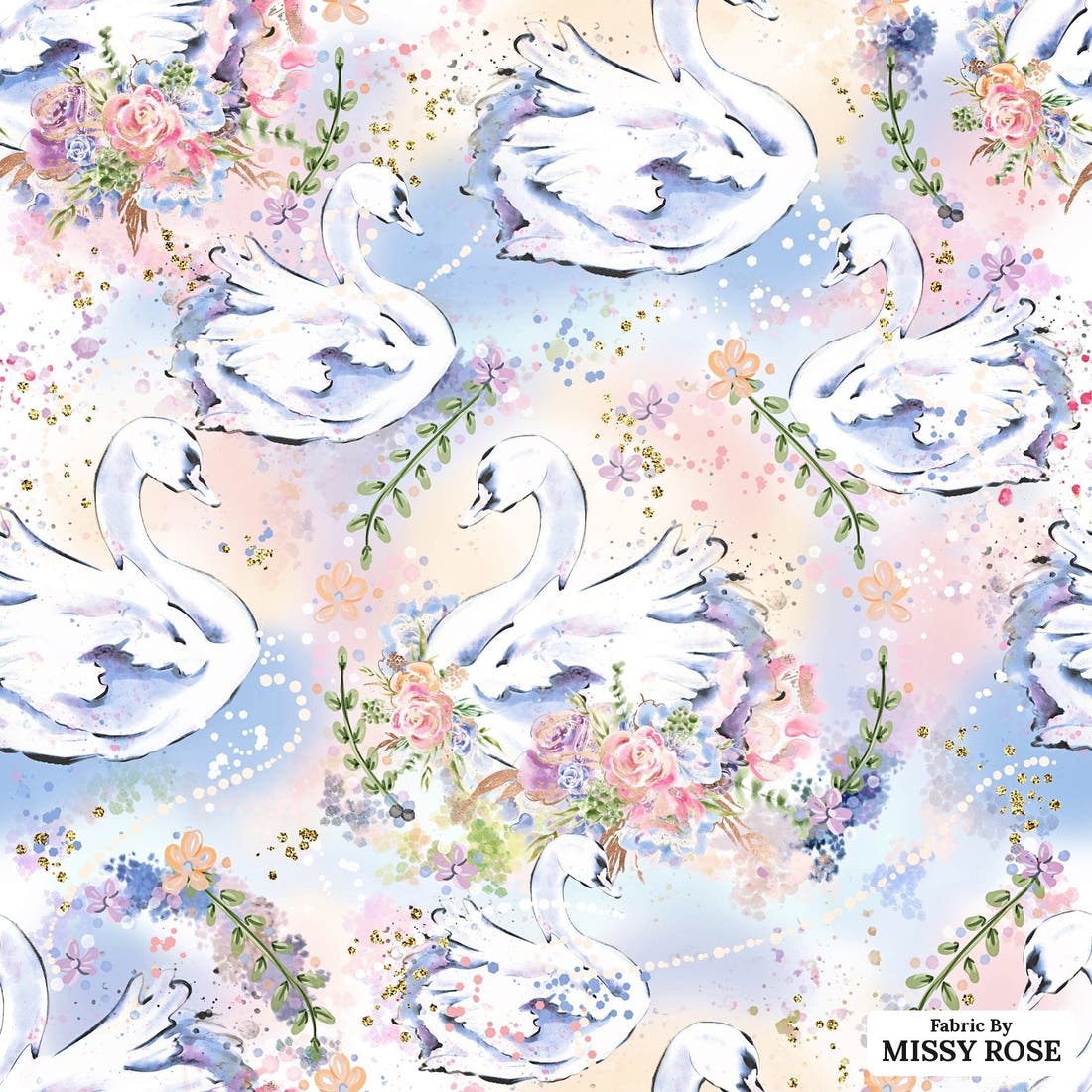Design 363 Swans Fabric - flat view of the print, zoom in for detail | Fabric by Missy Rose