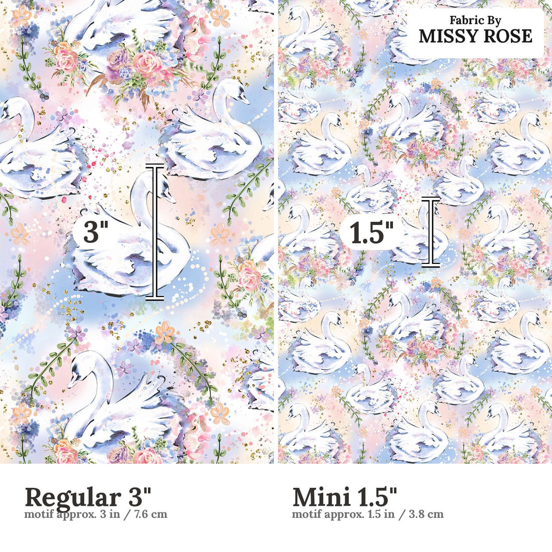 Design 363 Swans Fabric size comparison - print scale | Fabric by Missy Rose