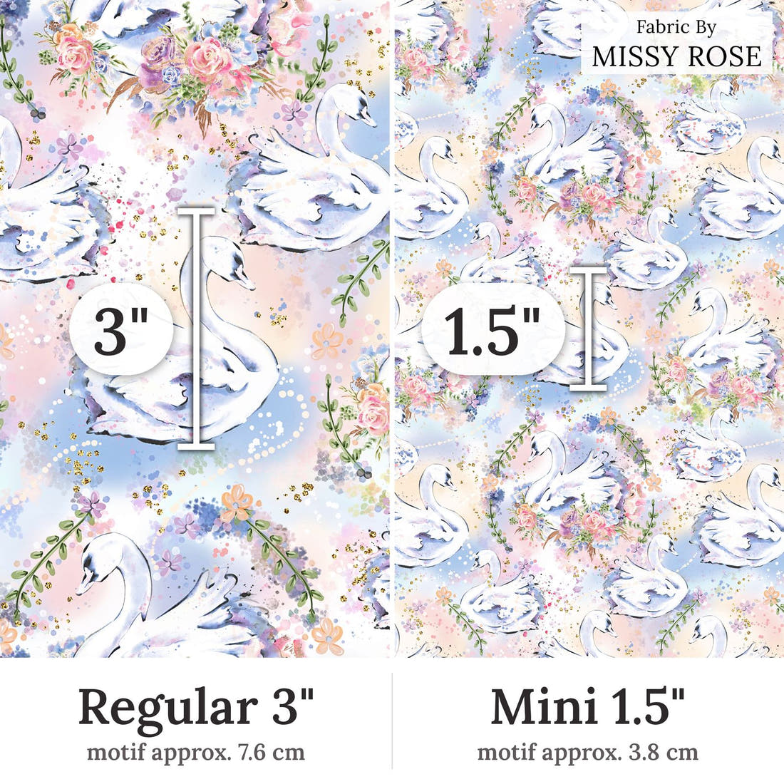 Design 363 Swans Fabric Regular 3 inch vs Mini 1.5 inch print scale side by side | Fabric by Missy Rose