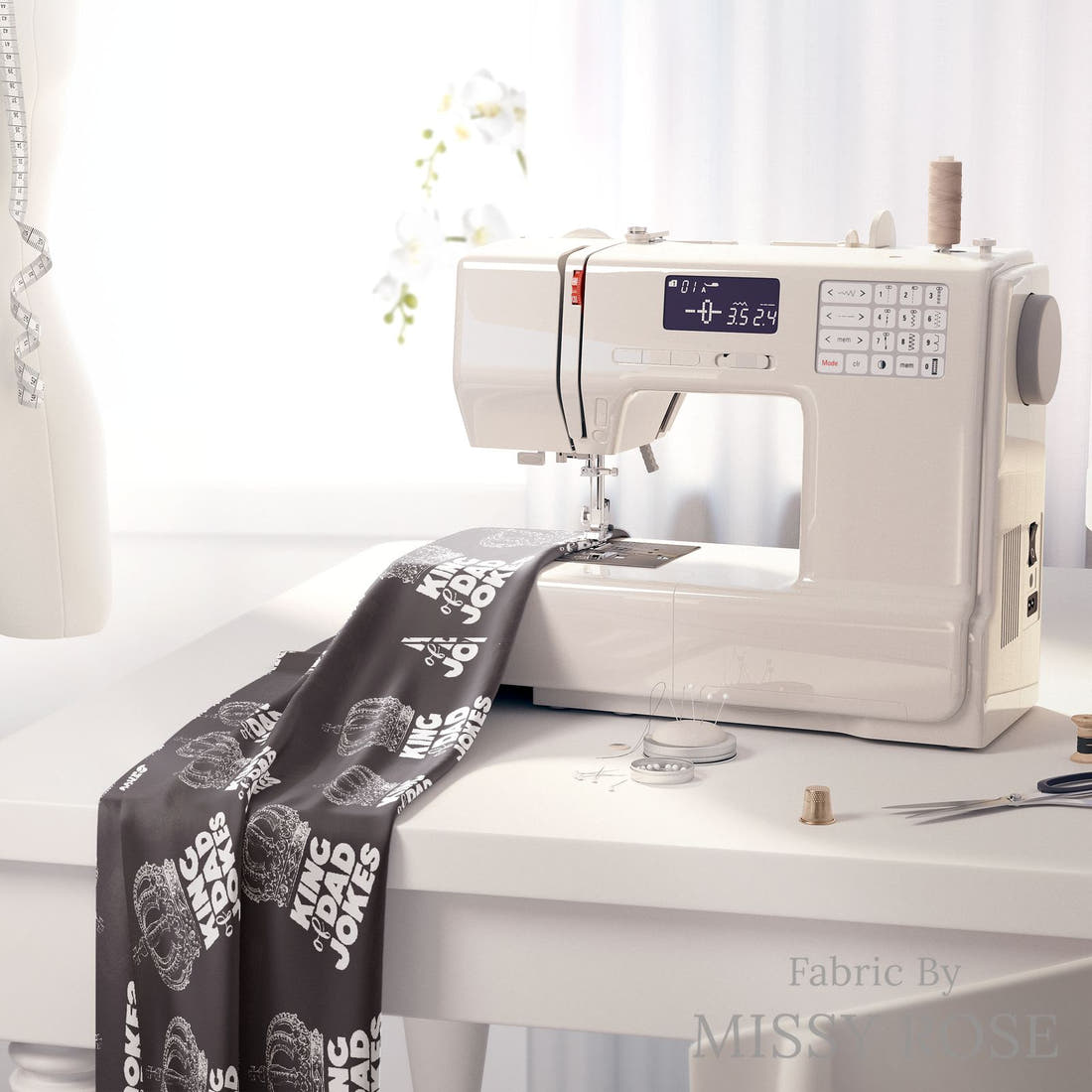 Design 365 Dad Jokes Fabric on a sewing machine – premium fabric for sewing projects | Fabric by Missy Rose