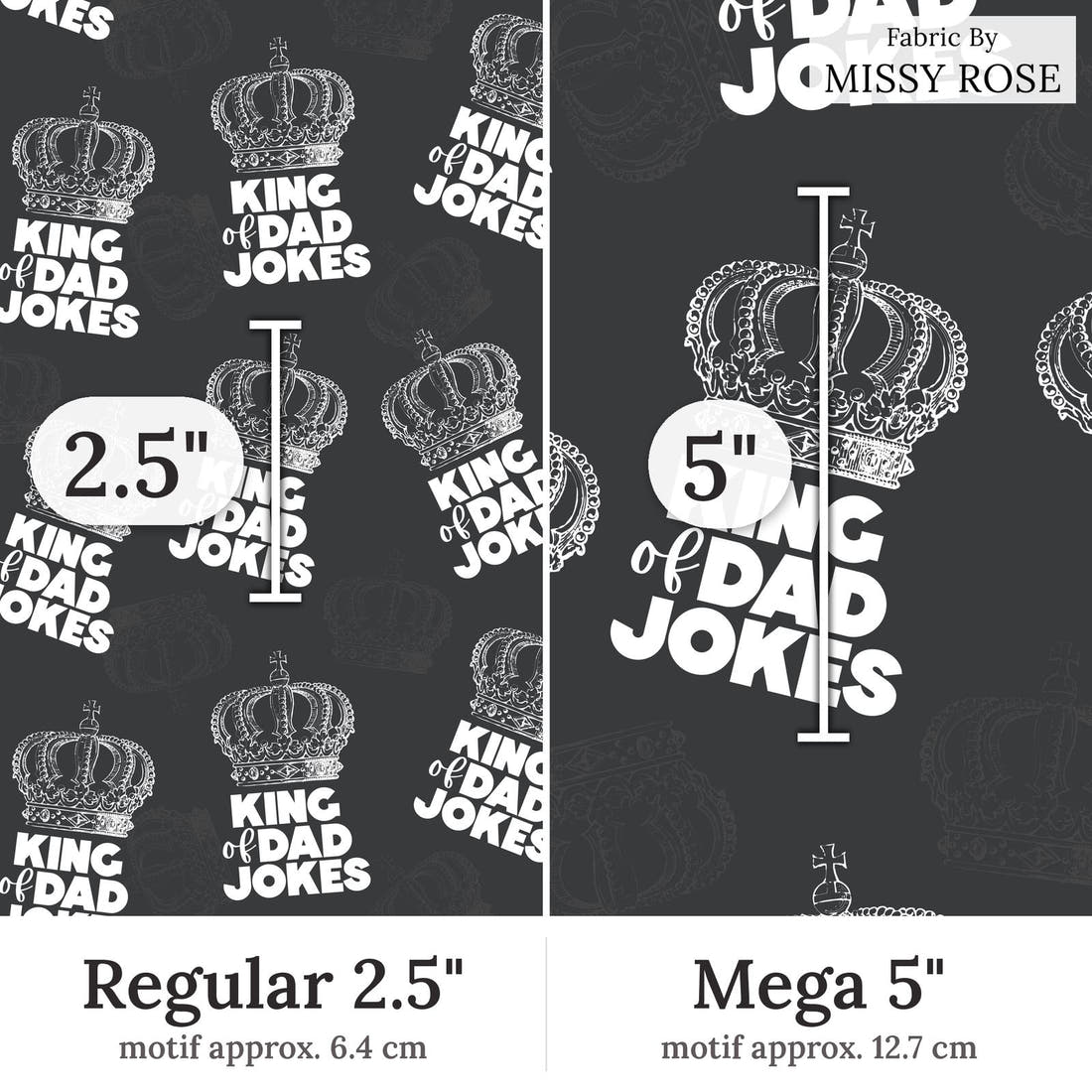 Design 365 Dad Jokes Fabric Regular 2.5 inch vs Mega 5 inch print scale side by side | Fabric by Missy Rose