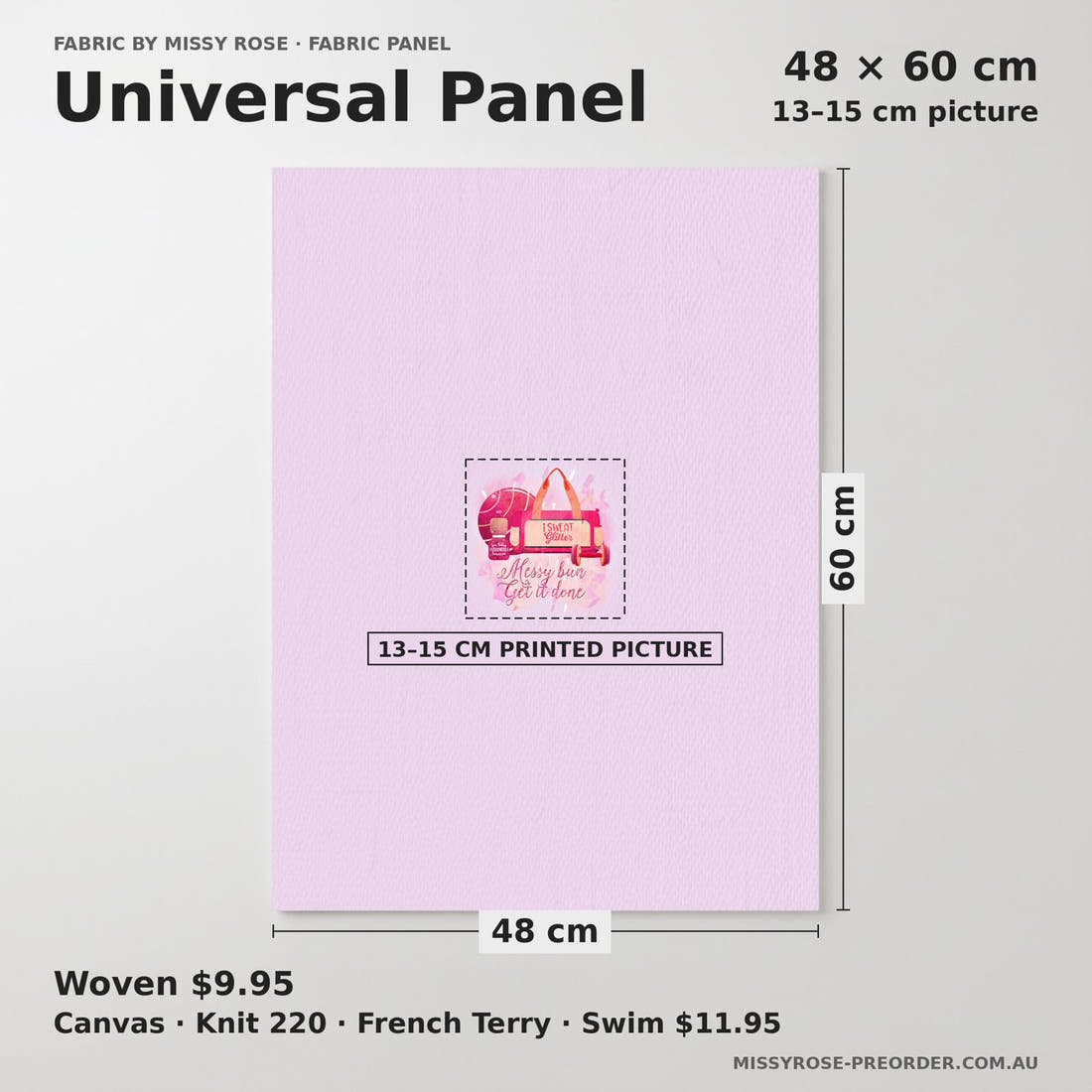 Design 366 Pink Gym Panel universal panel sizing – 13–15 cm printed picture on 48 × 60 cm fabric | Fabric by Missy Rose