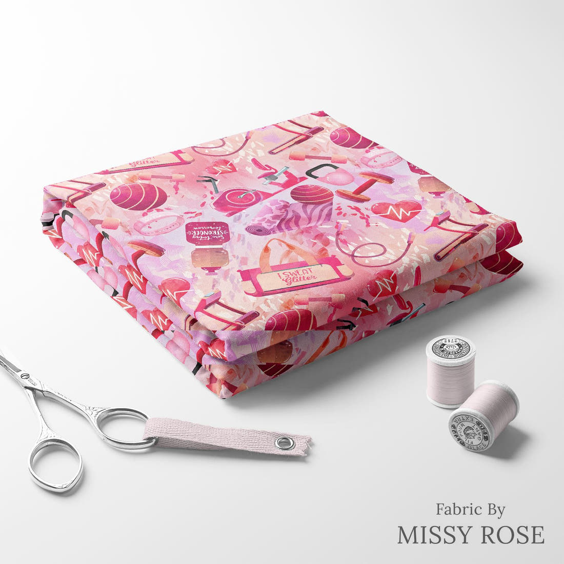 Design 366 Pink Gym Fabric folded fabric stack with matching thread – pre-order fabric Australia | Fabric by Missy Rose