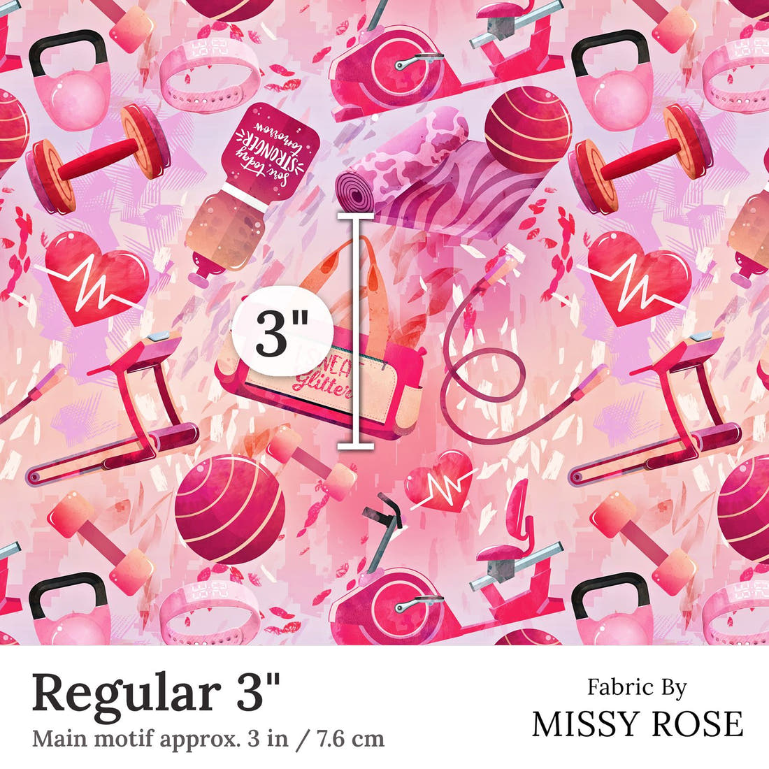 Design 366 Pink Gym Fabric Regular 3 inch print scale guide | Fabric by Missy Rose