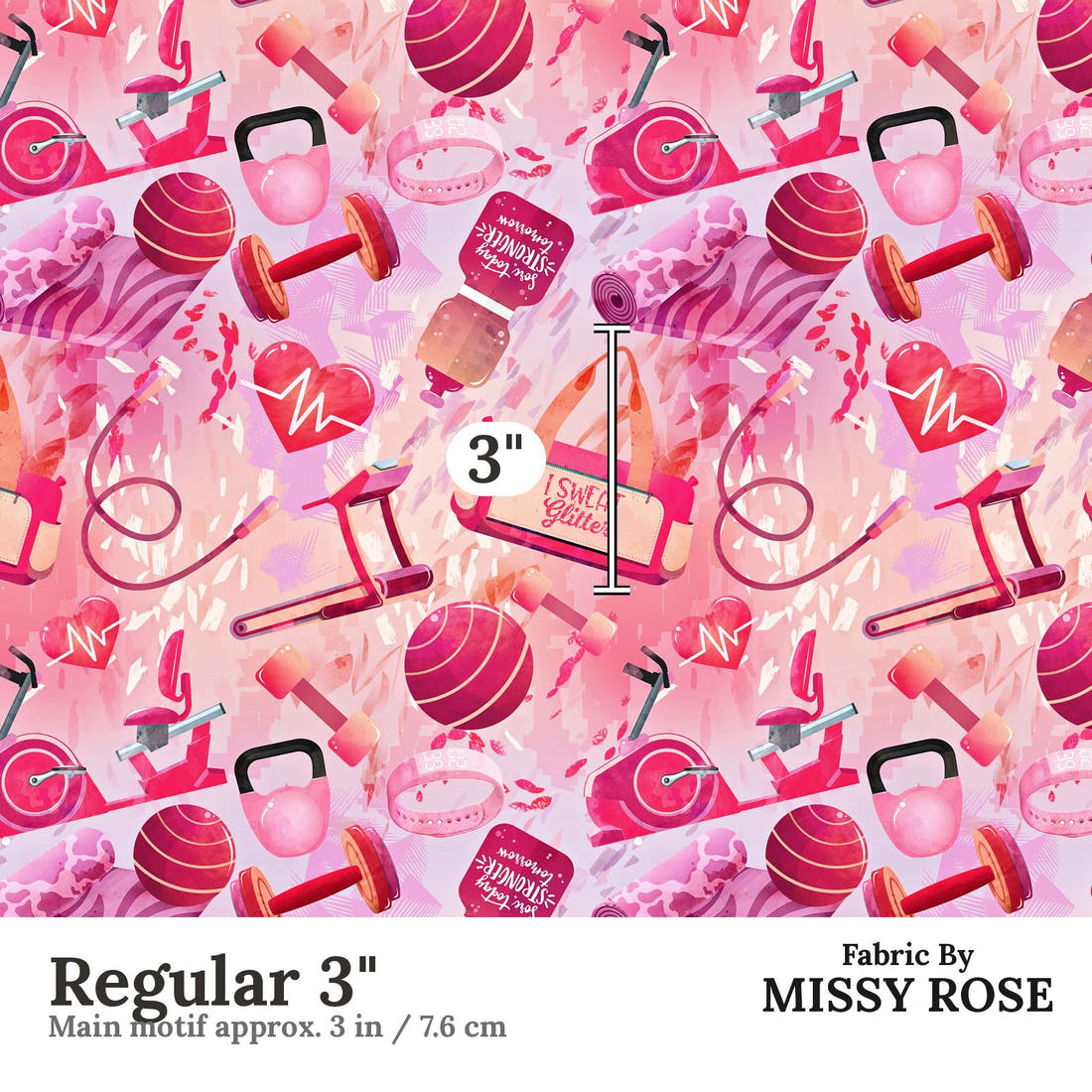 Design 366 Pink Gym Fabric Regular 3" - print scale | Fabric by Missy Rose