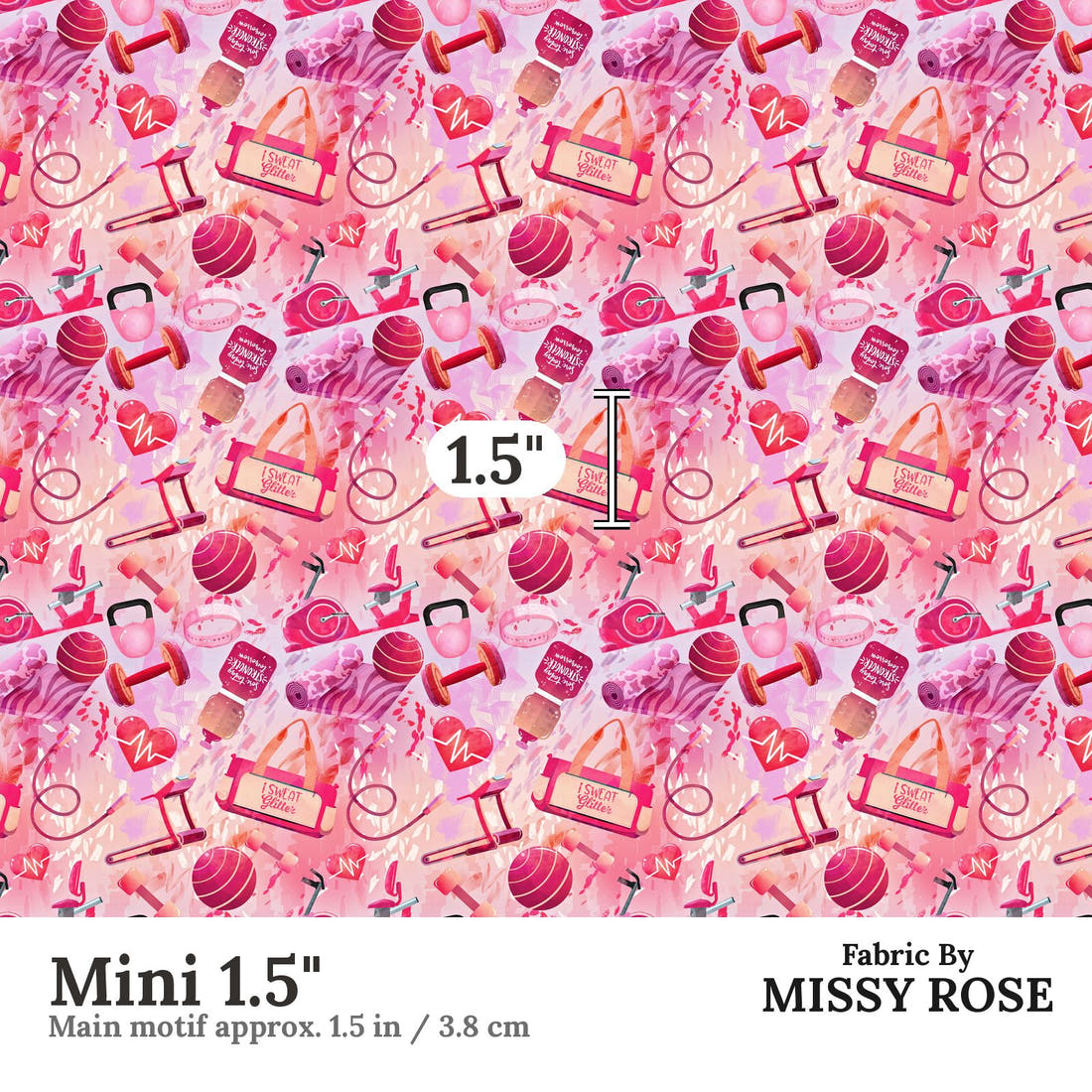 Design 366 Pink Gym Fabric Mini 1.5" - print scale | Fabric by Missy Rose