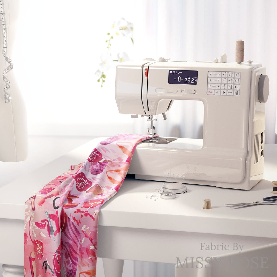 Design 366 Pink Gym Fabric on a sewing machine – premium fabric for sewing projects | Fabric by Missy Rose