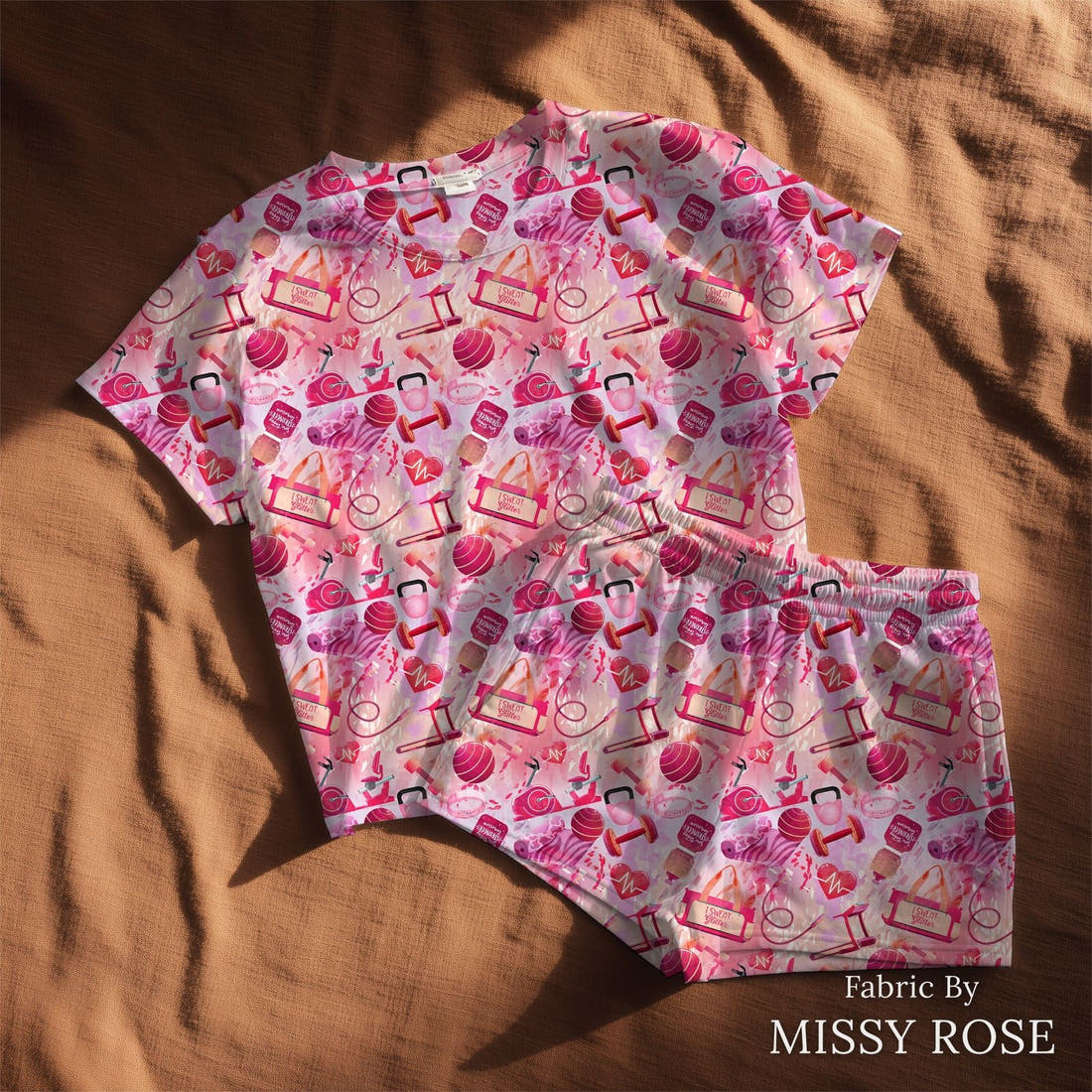 Design 366 Pink Gym Fabric sewn into a lounge set – see how the print looks made up | Fabric by Missy Rose