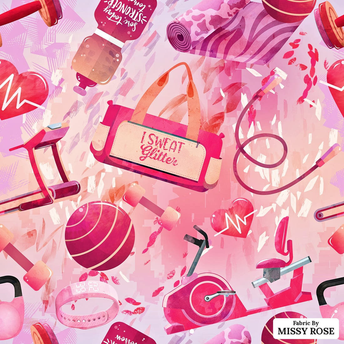Design 366 Pink Gym Fabric - flat view of the print, zoom in for detail | Fabric by Missy Rose