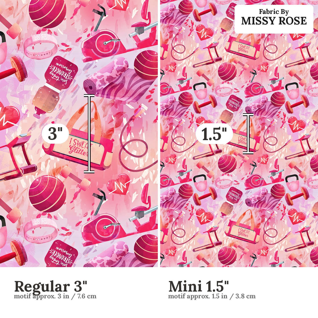 Design 366 Pink Gym Fabric size comparison - print scale | Fabric by Missy Rose