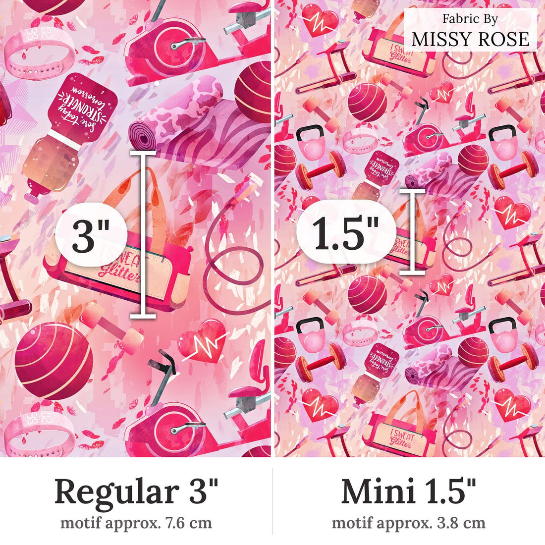 Design 366 Pink Gym Fabric Regular 3 inch vs Mini 1.5 inch print scale side by side | Fabric by Missy Rose