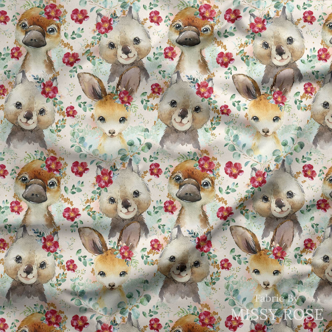Design 367 Floral Australian Animals Fabric draped fabric mockup – custom printed fabric by the metre | Fabric by Missy Rose