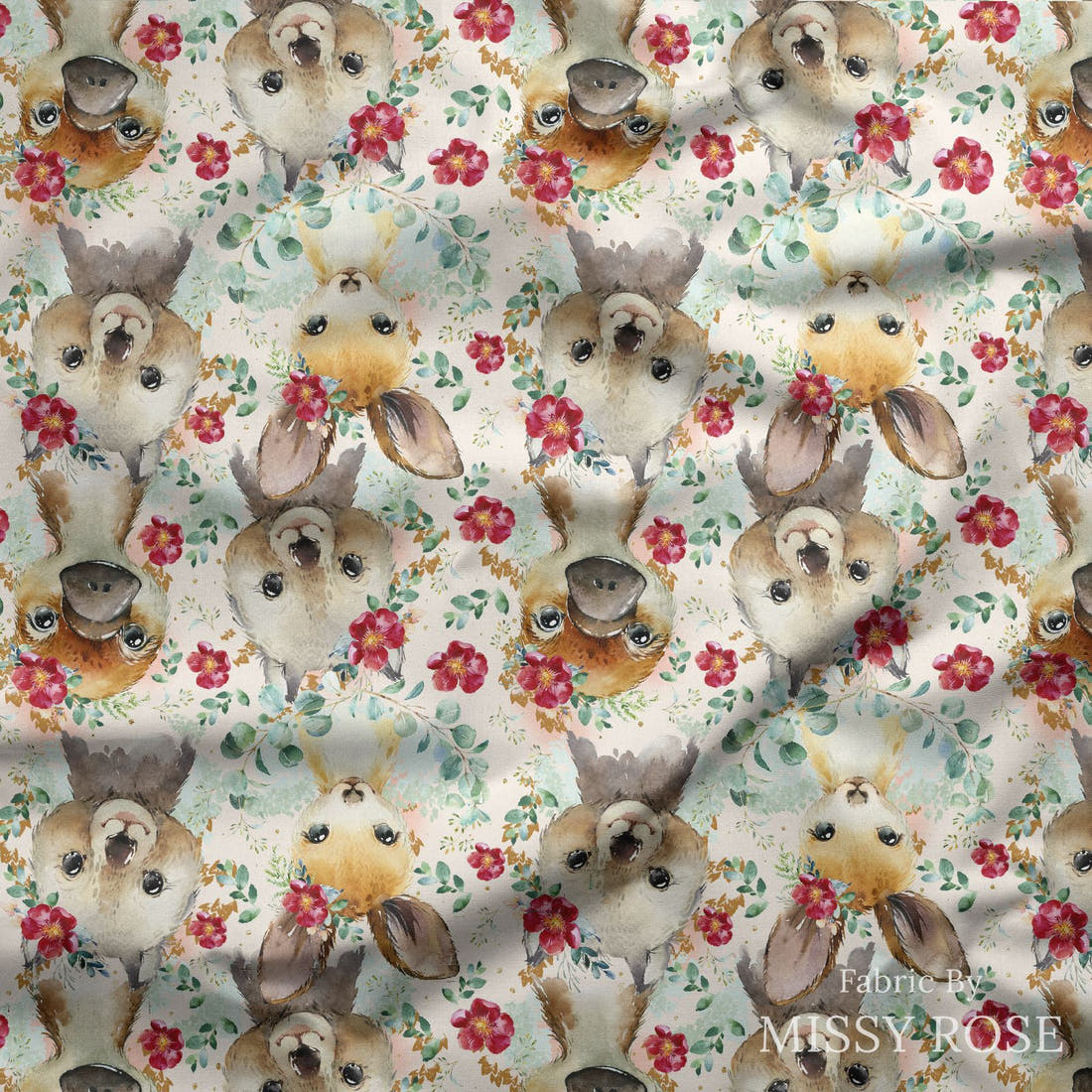 Design 367 Floral Australian Animals Fabric draped fabric mockup – custom printed fabric by the metre | Fabric by Missy Rose
