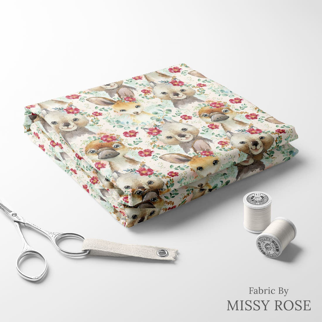 Design 367 Floral Australian Animals Fabric folded fabric stack with matching thread – pre-order fabric Australia | Fabric by Missy Rose