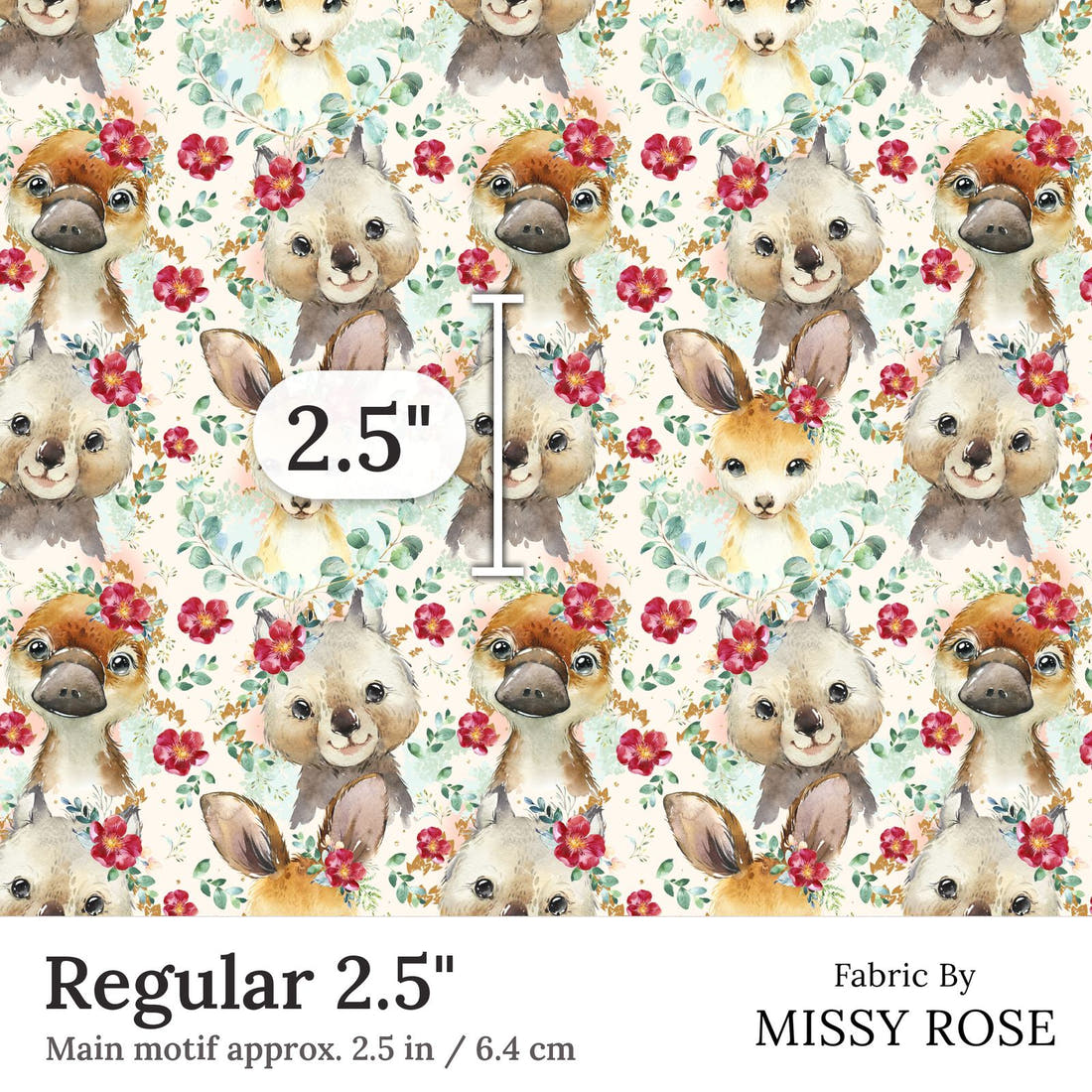 Design 367 Floral Australian Animals Fabric Regular 2.5 inch print scale guide | Fabric by Missy Rose