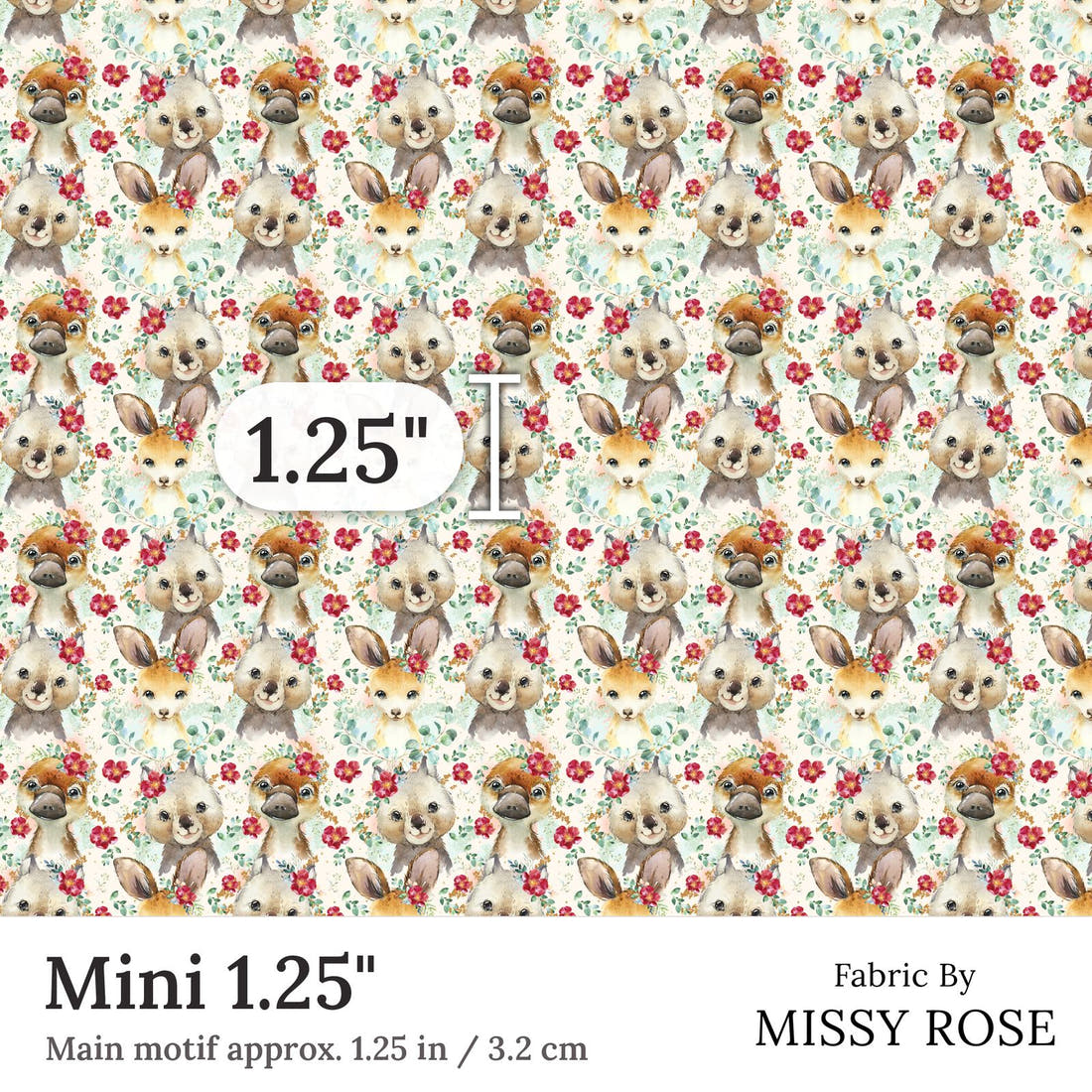 Design 367 Floral Australian Animals Fabric Mini 1.25 inch print scale guide | Fabric by Missy Rose