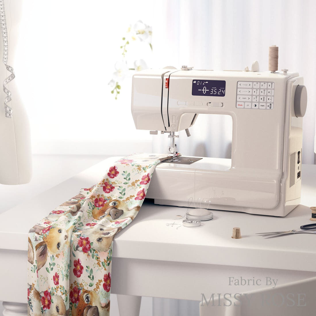 Design 367 Floral Australian Animals Fabric on a sewing machine – premium fabric for sewing projects | Fabric by Missy Rose