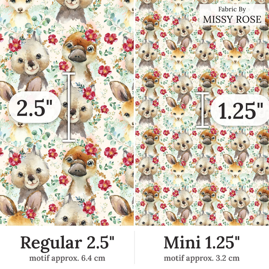 Design 367 Floral Australian Animals Fabric Regular 2.5 inch vs Mini 1.25 inch print scale side by side | Fabric by Missy Rose