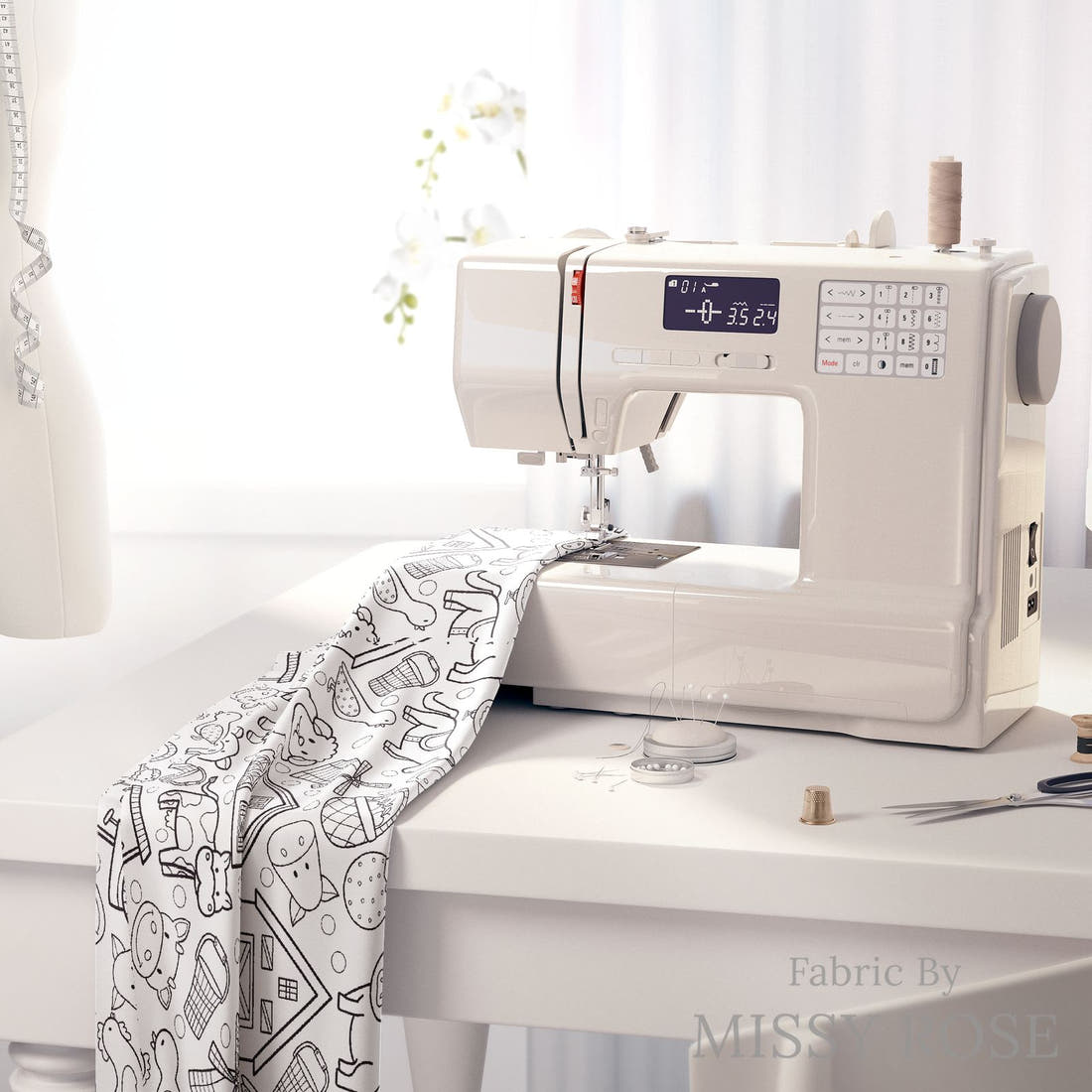Design 368 Colouring In Fabric on a sewing machine – premium fabric for sewing projects | Fabric by Missy Rose