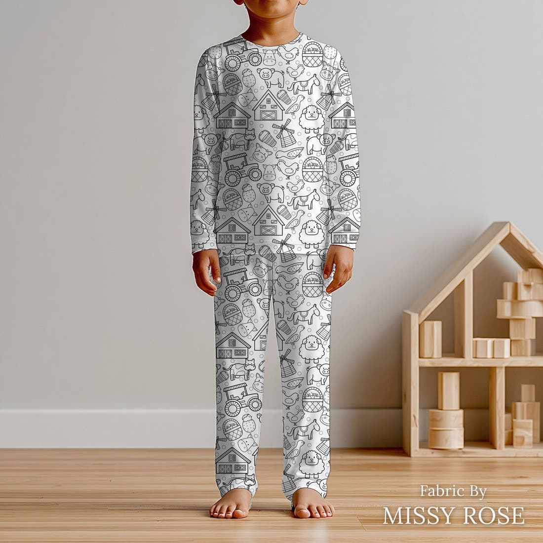 Design 368 Colouring In Fabric sewn into kids' pyjamas – see how the print looks made up | Fabric by Missy Rose