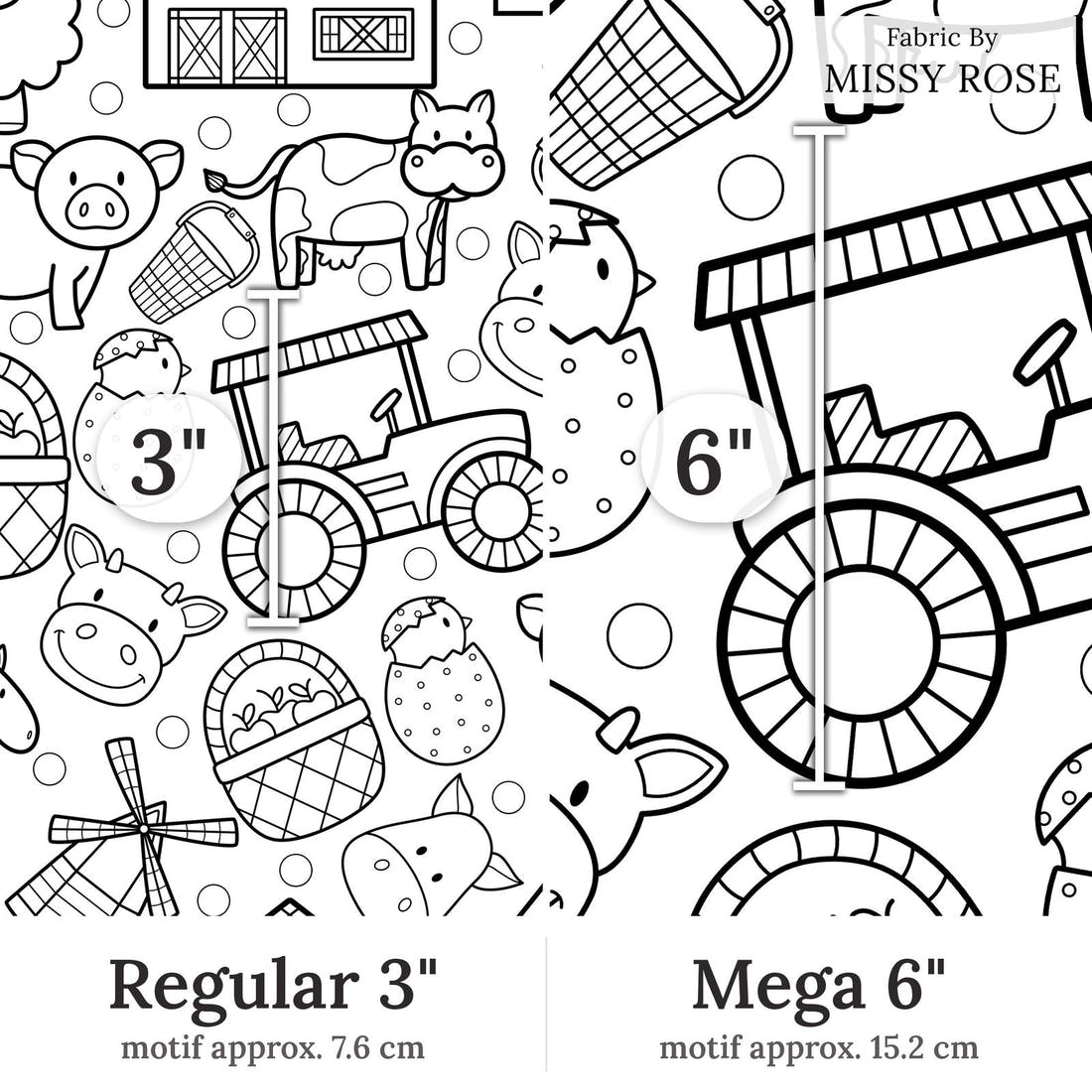 Design 368 Colouring In Fabric Regular 3 inch vs Mega 6 inch print scale side by side | Fabric by Missy Rose