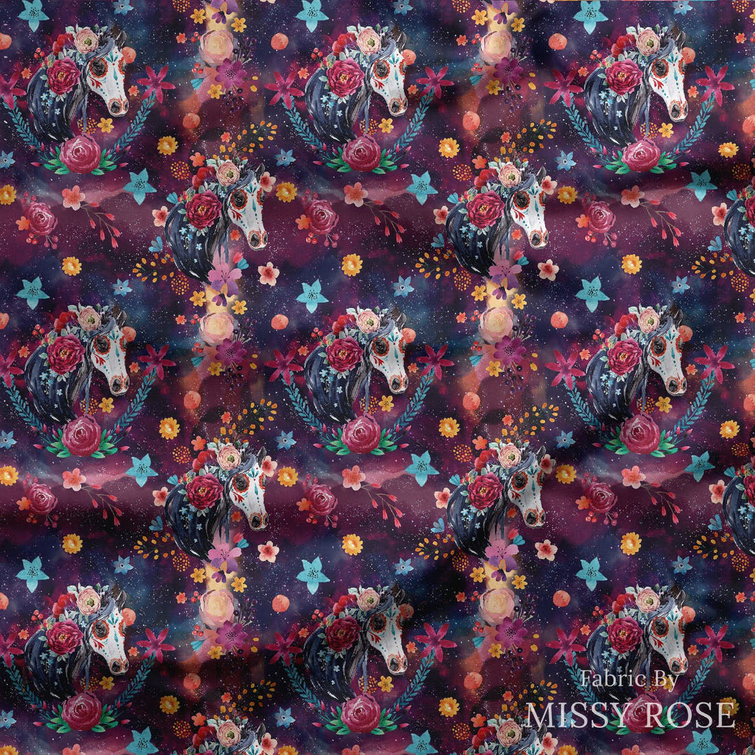 Design 369 Horse Fabric draped fabric mockup – custom printed fabric by the metre | Fabric by Missy Rose