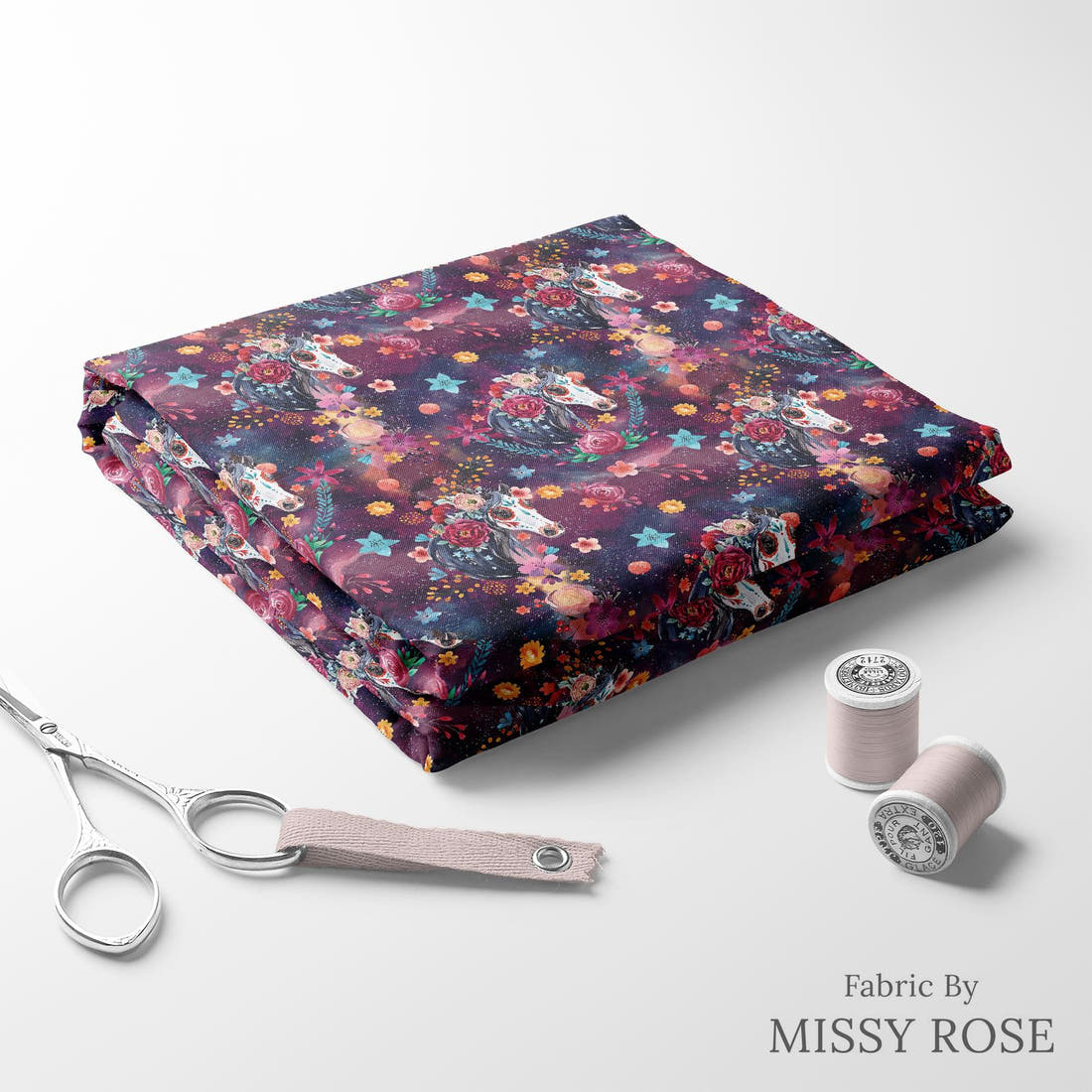 Design 369 Horse Fabric folded fabric stack with matching thread – pre-order fabric Australia | Fabric by Missy Rose