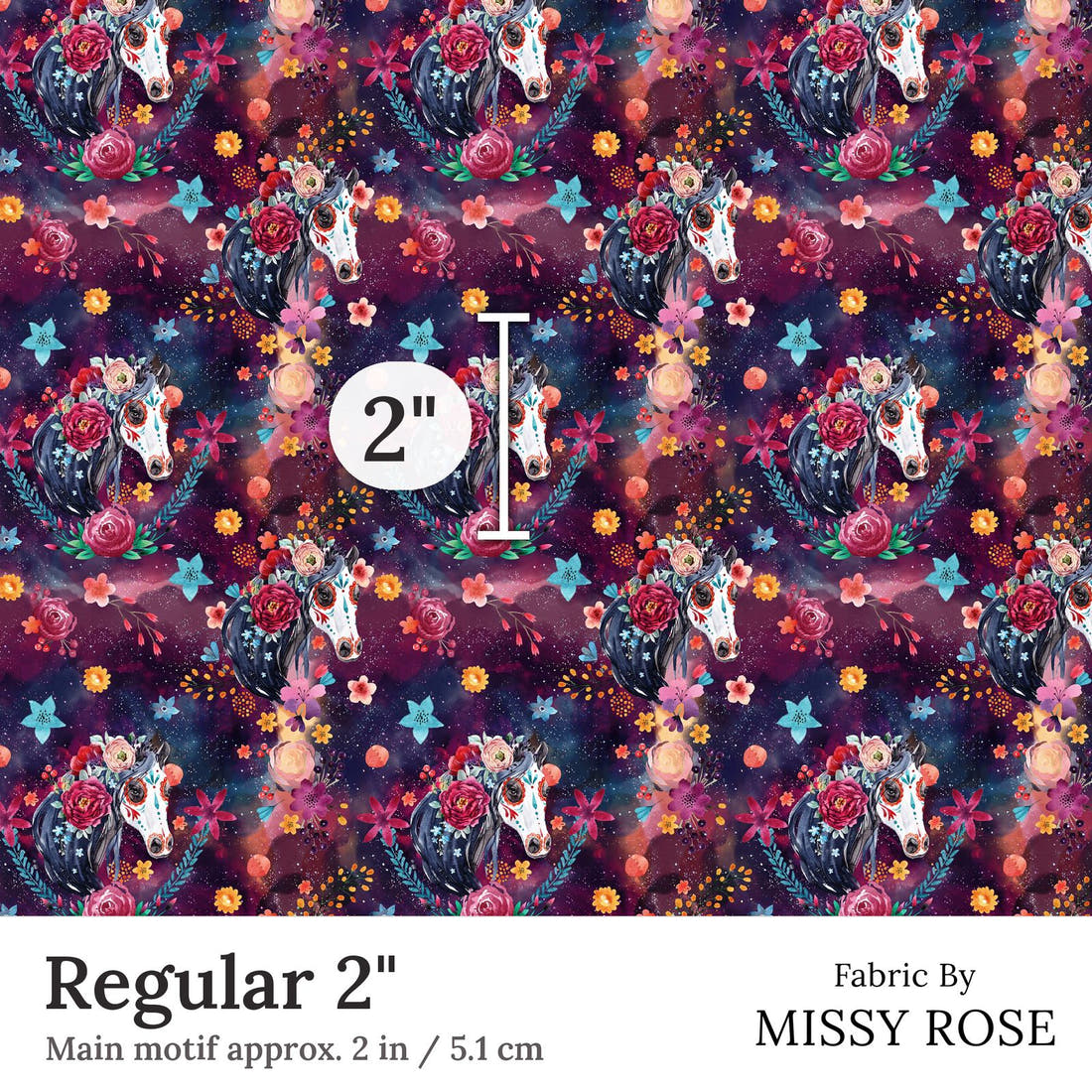Design 369 Horse Fabric Regular 2 inch print scale guide | Fabric by Missy Rose
