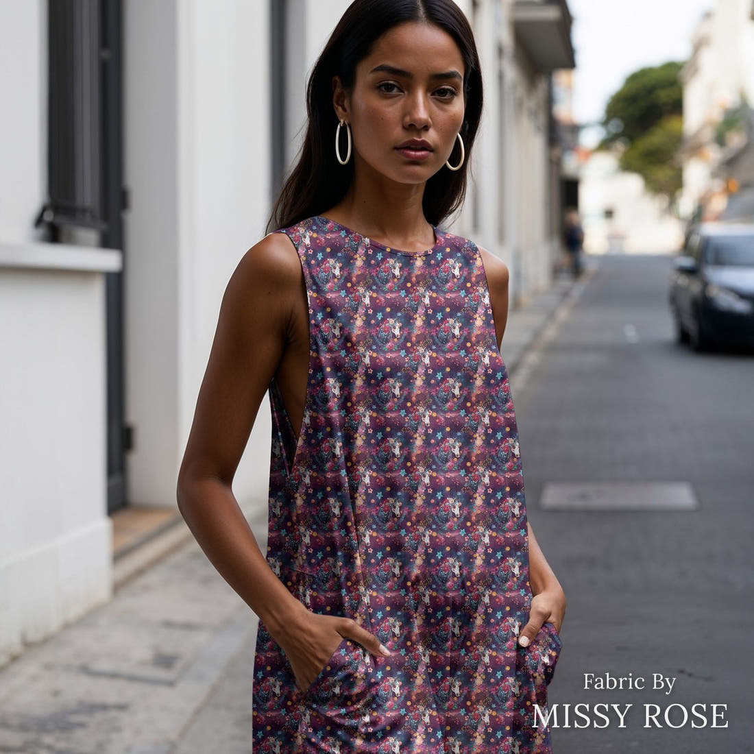 Design 369 Horse Fabric sewn into a women's jumpsuit – see how the print looks made up | Fabric by Missy Rose