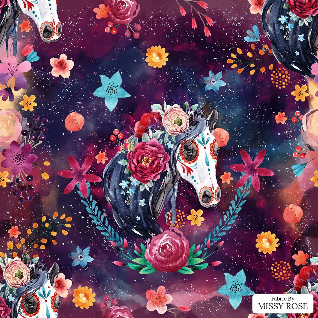 Design 369 Horse Fabric - flat view of the print, zoom in for detail | Fabric by Missy Rose