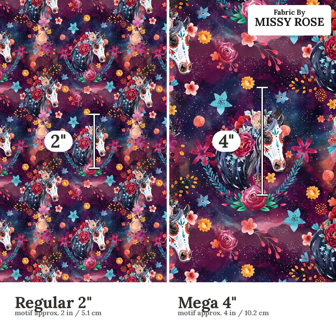 Design 369 Horse Fabric size comparison - print scale | Fabric by Missy Rose