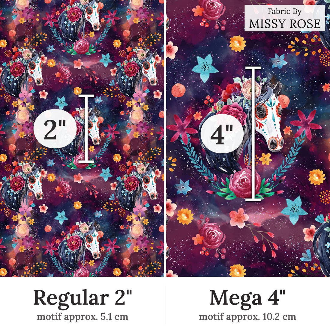 Design 369 Horse Fabric Regular 2 inch vs Mega 4 inch print scale side by side | Fabric by Missy Rose