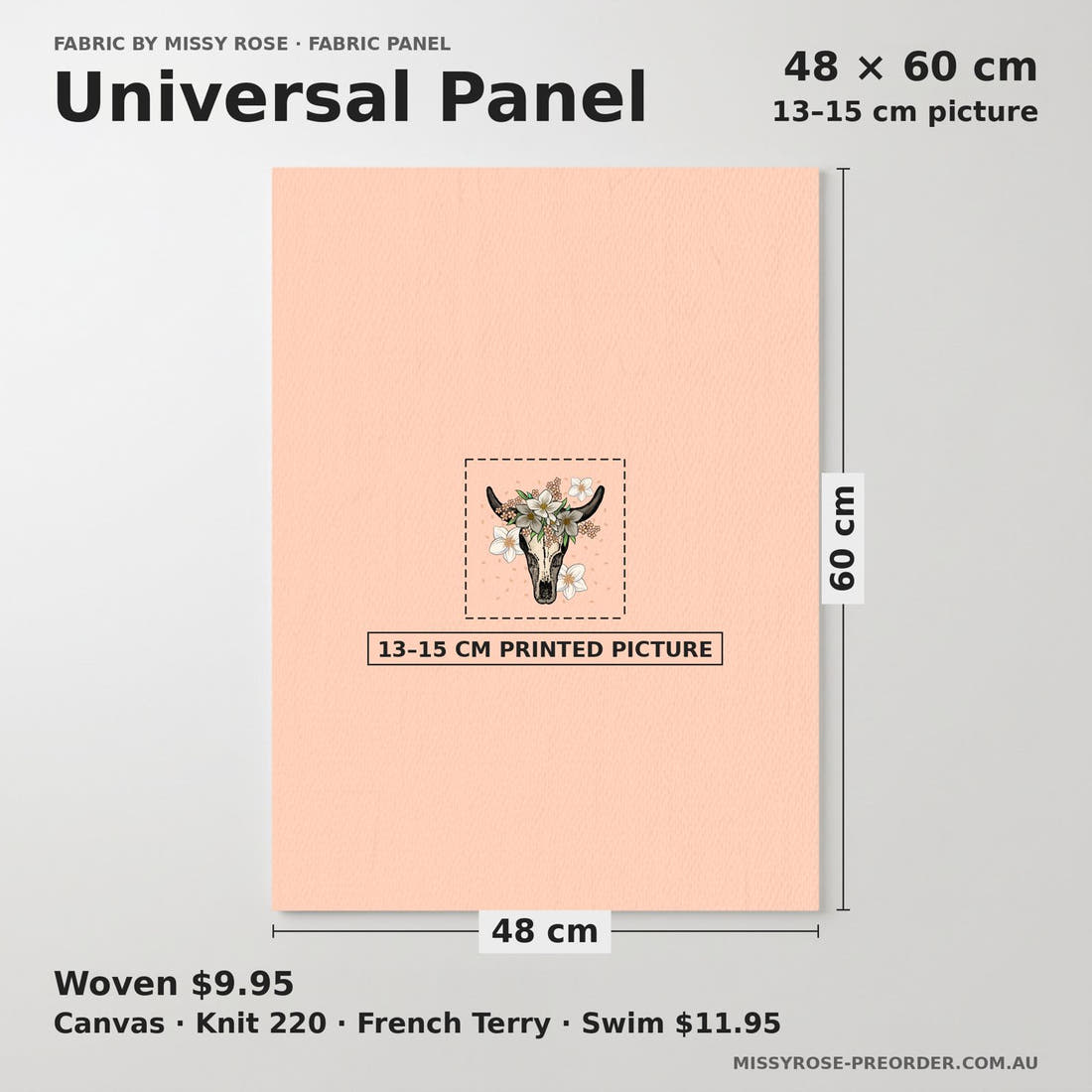 Design 37 Peach Cowskull Panel universal panel sizing – 13–15 cm printed picture on 48 × 60 cm fabric | Fabric by Missy Rose