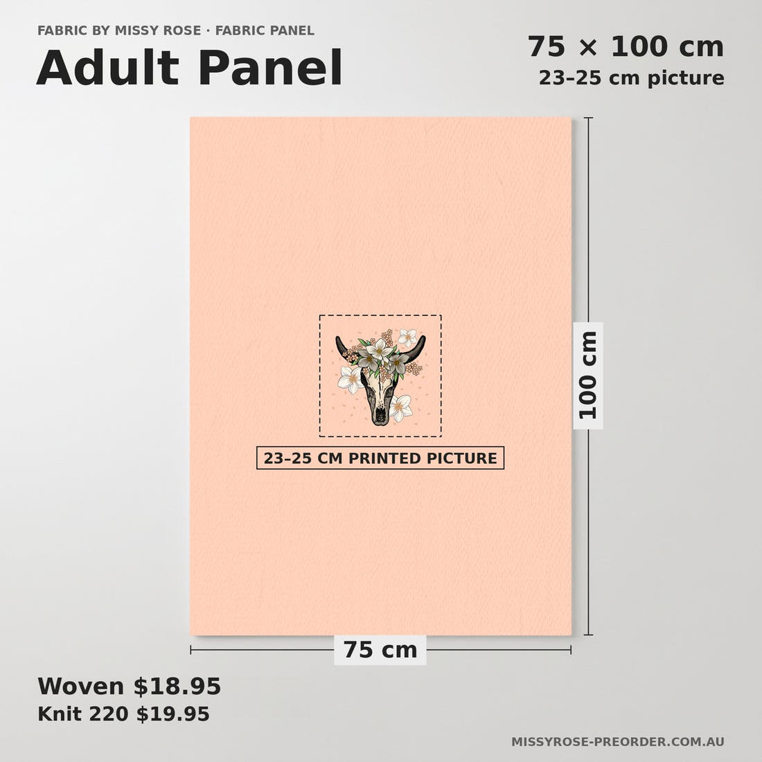 Design 37 Peach Cowskull Panel adult panel sizing – 23–25 cm printed picture on 75 × 100 cm fabric | Fabric by Missy Rose