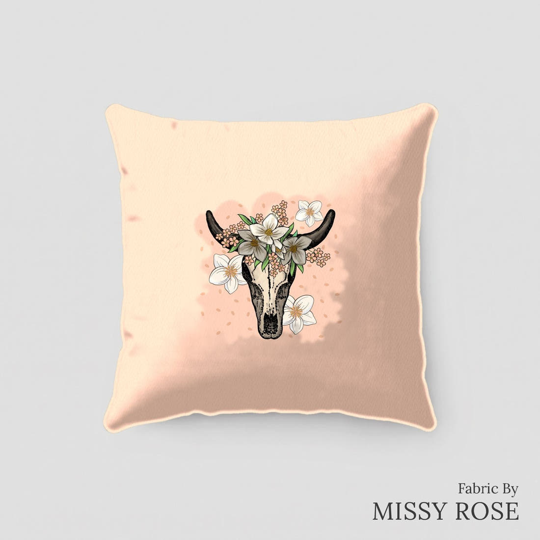Design 37 Peach Cowskull Panel sewn into a cushion – see how the panel looks made up | Fabric by Missy Rose