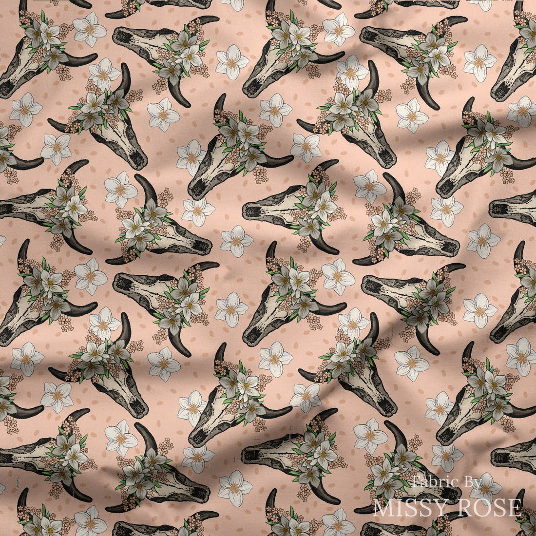 Design 37 Peach Cowskull Fabric draped fabric mockup – custom printed fabric by the metre | Fabric by Missy Rose