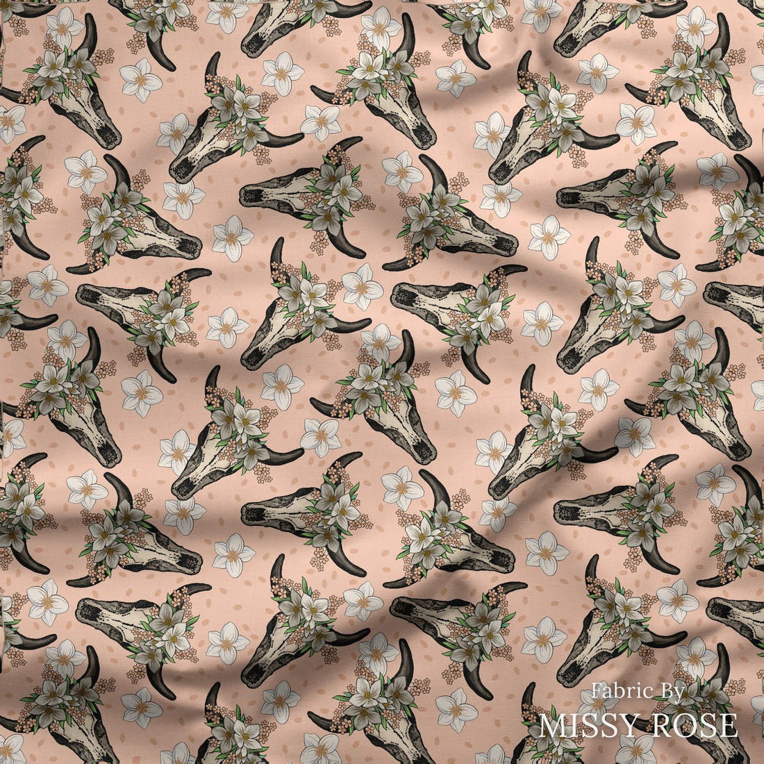Design 37 Peach Cowskull Fabric draped fabric mockup – custom printed fabric by the metre | Fabric by Missy Rose