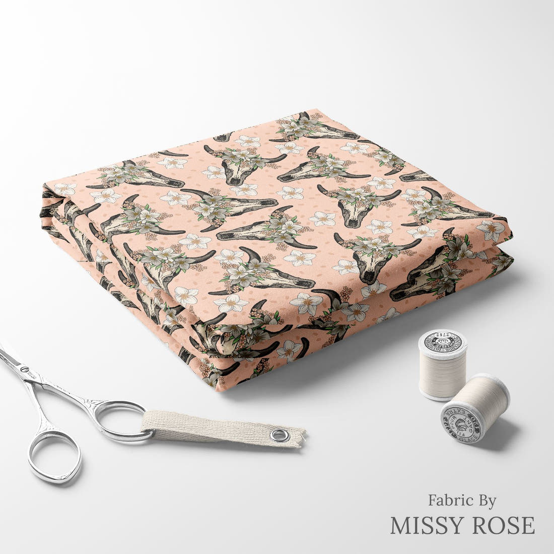 Design 37 Peach Cowskull Fabric folded fabric stack with matching thread – pre-order fabric Australia | Fabric by Missy Rose