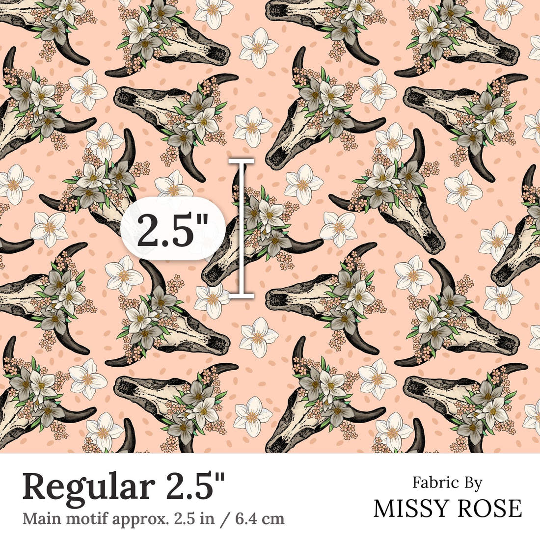Design 37 Peach Cowskull Fabric Regular 2.5 inch print scale guide | Fabric by Missy Rose